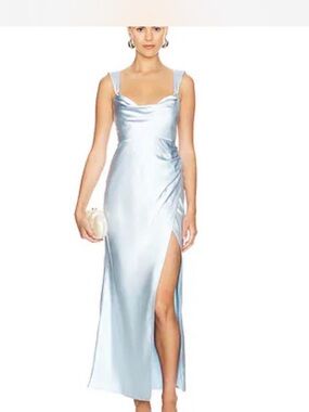 REVOLVE- Satin Cowl Maxi Dress with Side Slit in Light Blue
